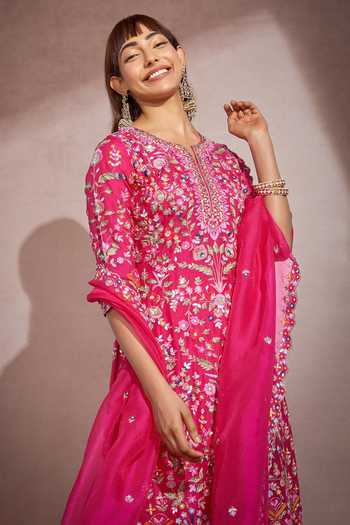 Buy_Aneesh Agarwaal_Fuchsia Organza And Silk Zardozi Notched Floral Embroidered Kurta Set _Online_at_Aza_Fashions