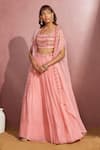 Aneesh Agarwaal_Peach Soft Organza Mirror And Thread Scoop Neck Embroidered Cape Lehenga Set _Online_at_Aza_Fashions