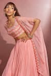 Shop_Aneesh Agarwaal_Peach Soft Organza Mirror And Thread Scoop Neck Embroidered Cape Lehenga Set _Online_at_Aza_Fashions