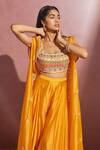 Aneesh Agarwaal_Yellow Silk Organza Embroidery Mirror And Thread Scoop Neck Cape & Sharara Set _Online_at_Aza_Fashions