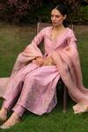 Shop Rashi Jain Pink Chanderi V Neck Nakashi Anarkali Set at Aza Fashions Shop_Rashi Jain_Pink Chanderi V Neck Nakashi Anarkali Set _at_Aza_Fashions