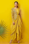 Buy_Rishi and Soujit_Yellow Silk Cotton Cowl Draped Dress With Embroidered Jacket  _at_Aza_Fashions