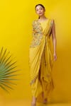 Shop_Rishi and Soujit_Yellow Silk Cotton Cowl Draped Dress With Embroidered Jacket  _at_Aza_Fashions