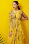 Rishi and Soujit_Yellow Silk Cotton Cowl Draped Dress With Embroidered Jacket  _Online_at_Aza_Fashions