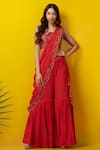 Buy_Rishi and Soujit_Red Silk Cotton Pleated Sharara Pant Saree Set  _at_Aza_Fashions