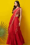 Shop_Rishi and Soujit_Red Silk Cotton Pleated Sharara Pant Saree Set  _at_Aza_Fashions