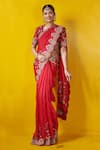 Rishi and Soujit_Red Silk Organza Scoop Neck Embroidered Saree  _Online_at_Aza_Fashions