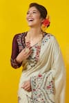 Rishi and Soujit_White Tussar Scoop Neck Embroidered Saree With Blouse  _Online_at_Aza_Fashions