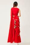 Shop_Rishi and Soujit_Red Silk Cotton Embroidered Floral Pre-pleated Pant Saree With Blouse  _at_Aza_Fashions