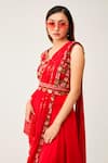 Rishi and Soujit_Red Silk Cotton Embroidered Floral Pre-pleated Pant Saree With Blouse  _Online_at_Aza_Fashions