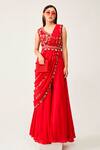 Buy_Rishi and Soujit_Red Silk Cotton Embroidered Floral Pre-pleated Pant Saree With Blouse  _at_Aza_Fashions