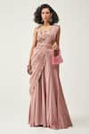 Buy_Rishi and Soujit_Pink Silk Cotton Embroidered Floral Pre-pleated Pant Saree With Blouse _at_Aza_Fashions
