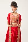 Rishi and Soujit_Red Silk Cotton Embroidered Floral Cape Open Pleated And Skirt Set  _at_Aza_Fashions