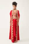 Buy_Rishi and Soujit_Red Silk Cotton Embroidered Floral Cape Open Pleated And Skirt Set  _Online_at_Aza_Fashions