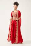 Rishi and Soujit_Red Silk Cotton Embroidered Floral Cape Open Pleated And Skirt Set  _Online_at_Aza_Fashions