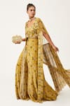 Rishi and Soujit_Yellow Georgette Embroidered Floral Cape Open Print And Pant Set  _Online_at_Aza_Fashions