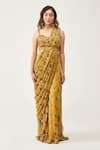 Buy_Rishi and Soujit_Yellow Silk Cotton Embroidered Pre-pleated Printed Pant Saree Set _at_Aza_Fashions