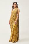 Rishi and Soujit_Yellow Silk Cotton Embroidered Pre-pleated Printed Pant Saree Set _Online_at_Aza_Fashions