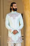 Buy_Rohit Kamra Jaipur_Blue Linen Silk Printed Sherwani  _at_Aza_Fashions