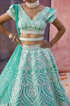 Riantas_Green Raw Silk Embroidery V Neck Bridal Lehenga Set  _at_Aza_Fashions