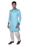 Rohit Kamra Jaipur_Blue Silk Brocade Bandhgala Set _Online_at_Aza_Fashions