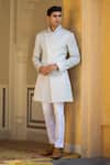 Shop_Rohit Kamra Jaipur_Blue Embossed Overlap Sherwani  _at_Aza_Fashions