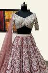 Shop_Riantas_Brown Pure Silk Lining Chroma Embroidery Pearl V Bridal Lehenga Set  _at_Aza_Fashions