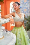 Riantas_Green Taffeta Embroidery Floral Plunge V Lehenga Set  _Online_at_Aza_Fashions