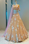 Shop_Riantas_Orange Net Embroidery Floral Round Bridal Lehenga Set _at_Aza_Fashions