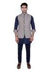 Shop_Rohit Kamra Jaipur_Blue Linen Printed Nehru Jacket  _at_Aza_Fashions