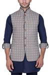 Shop_Rohit Kamra Jaipur_Blue Linen Printed Nehru Jacket  _Online_at_Aza_Fashions