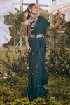 Buy_Rachit Khanna_Green Georgette And Chiffon Floral Motifs Halter Pre-draped Saree With Blouse _at_Aza_Fashions