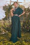 Rachit Khanna_Green Georgette And Chiffon Floral Motifs Halter Pre-draped Saree With Blouse _Online_at_Aza_Fashions