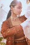 Rachit Khanna_Orange Dupion Silk And Organza Sweetheart Neck Flared Pant Set With Jacket _Online_at_Aza_Fashions