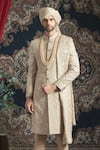 Shop_Rachit Khanna_Gold Tussar Embroidered Sherwani Set For Men_at_Aza_Fashions