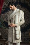 Shop_Rachit Khanna_White Raw Silk Embroidered Sherwani Set_at_Aza_Fashions