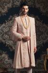 Shop_Rachit Khanna_Peach Raw Silk Embroidered Sherwani Set _at_Aza_Fashions