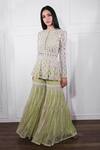 Shop_Ritika Mirchandani_Green Crepe Silk Round Embroidered Peplum Kurta And Sharara Set  _at_Aza_Fashions