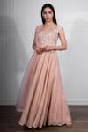 Shop_Ritika Mirchandani_Pink Net, Crepe Silk Leaf Neck Embroidered Anarkali With Dupatta _at_Aza_Fashions