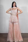 Buy_Ritika Mirchandani_Peach Net, Crepe Silk Round Embroidered Kurta And Sharara Set _at_Aza_Fashions