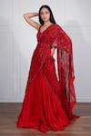 Buy_Ritika Mirchandani_Red Crepe Silk Leaf Neck Embroidered Lehenga Saree For Women_at_Aza_Fashions