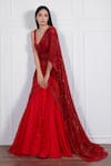 Shop_Ritika Mirchandani_Red Crepe Silk Leaf Neck Embroidered Lehenga Saree For Women_at_Aza_Fashions