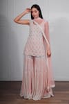 Buy_Ritika Mirchandani_Peach Net, Crepe Silk Round Embroidered Kurta And Sharara Set _at_Aza_Fashions