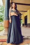 Buy_Ritika Mirchandani_Black Organza Embroidered Bead Plunge V Neck Skirt With Blouse Set _at_Aza_Fashions