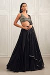 Shop_Ritika Mirchandani_Black Organza Embroidered Bead Plunge V Neck Skirt With Blouse Set _at_Aza_Fashions