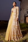 Buy_Ritika Mirchandani_Yellow Net Embroidery Bead V Neck Georgette Jacket Lehenga Set  _at_Aza_Fashions