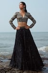 Ritika Mirchandani_Black Net Embroidery Bead V Neck Georgette Lehenga Set  _Online_at_Aza_Fashions