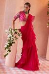 Ridhi Mehra_Pink Blouse Net Saree Chiffon Embroidery Flann Draped Ruffle With  _Online_at_Aza_Fashions