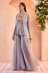 Ridhi Mehra_Grey Peplum Georgette Jacket And Sharara- Organza Mariena & Set  _Online_at_Aza_Fashions