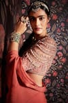 Ridhi Mehra_Peach Blouse Net Embroidery V Neck Ruffle Pre-draped Saree With  _Online_at_Aza_Fashions